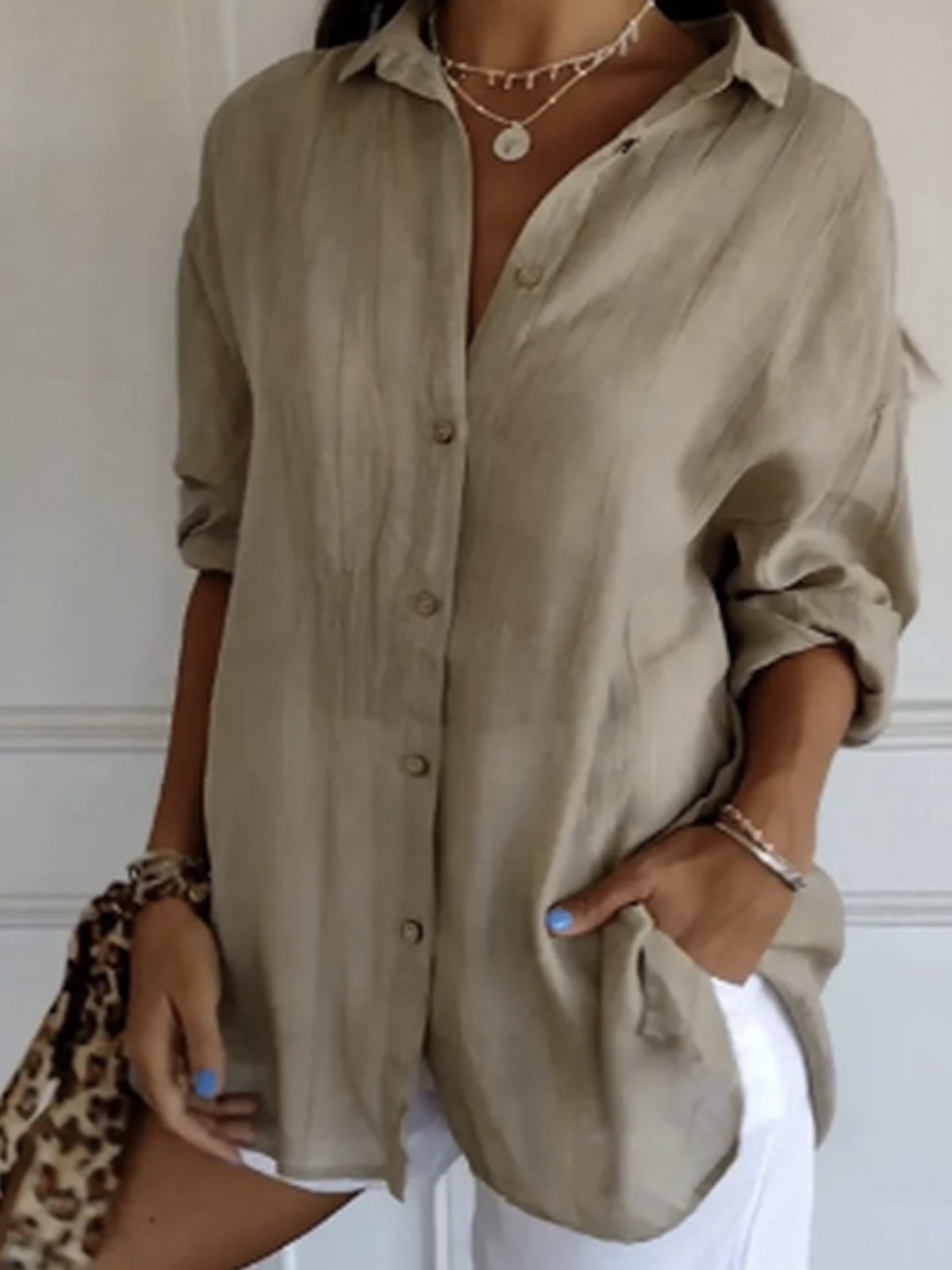 Women's Best-Selling Solid-Color Shirt: Single-Breasted, Pleated, Lapel Collar, Roll-Up Sleeves