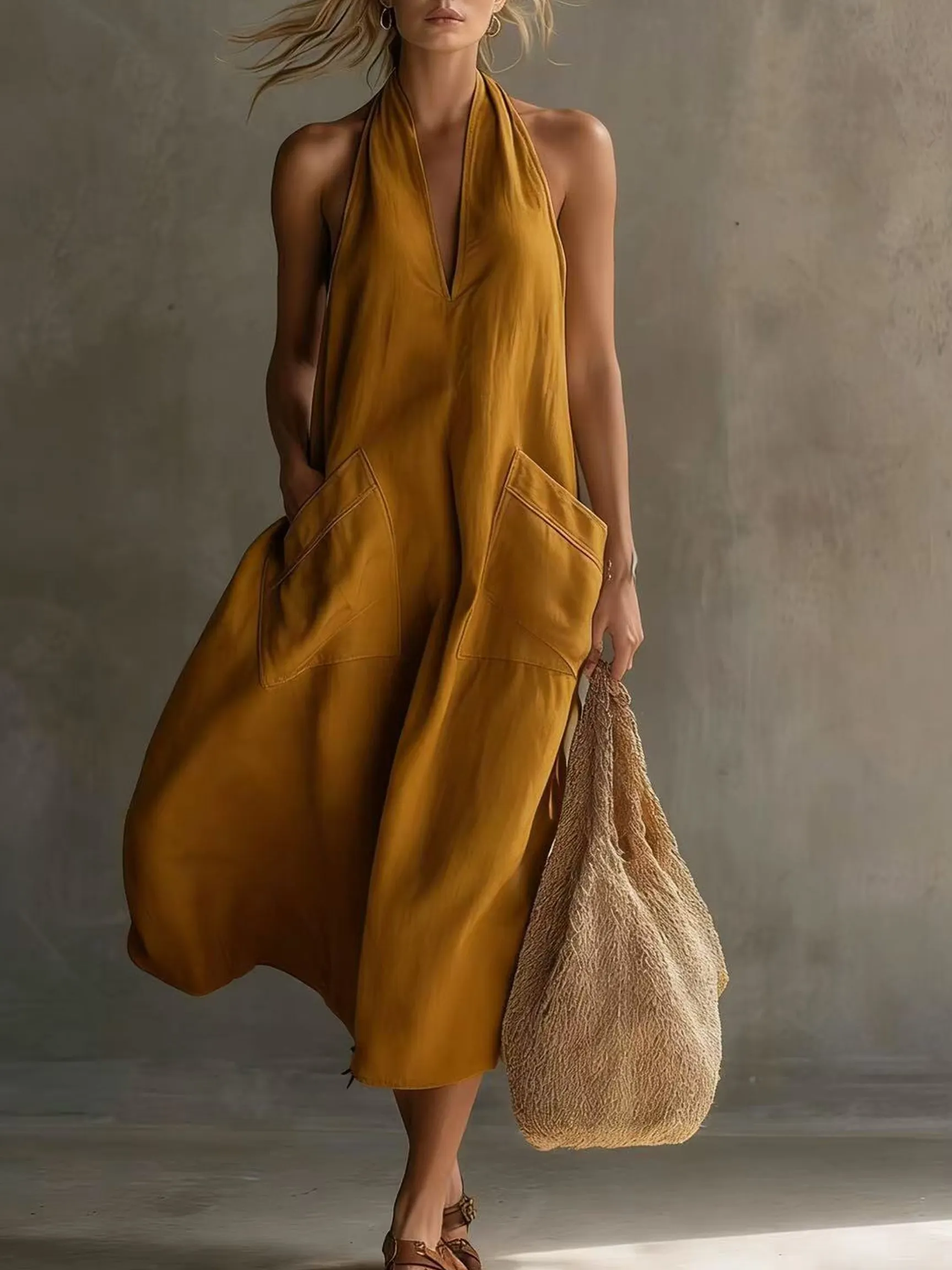 Women's Casual Halter V-Neck Midi Dress