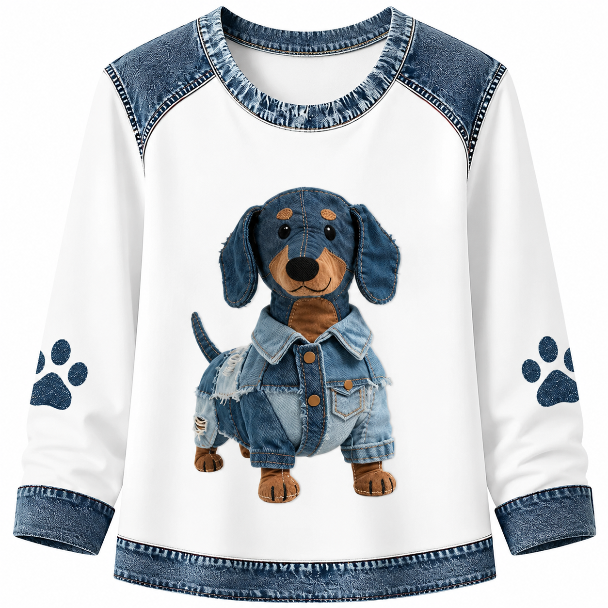 Women's Denim Patchwork Art Dachshund Dog Pattern V-neck Long Sleeve T-Shirt(These are all animals that Lily has helped❤️Buy 2 Get 10% OFF & Free Shipping🔥)