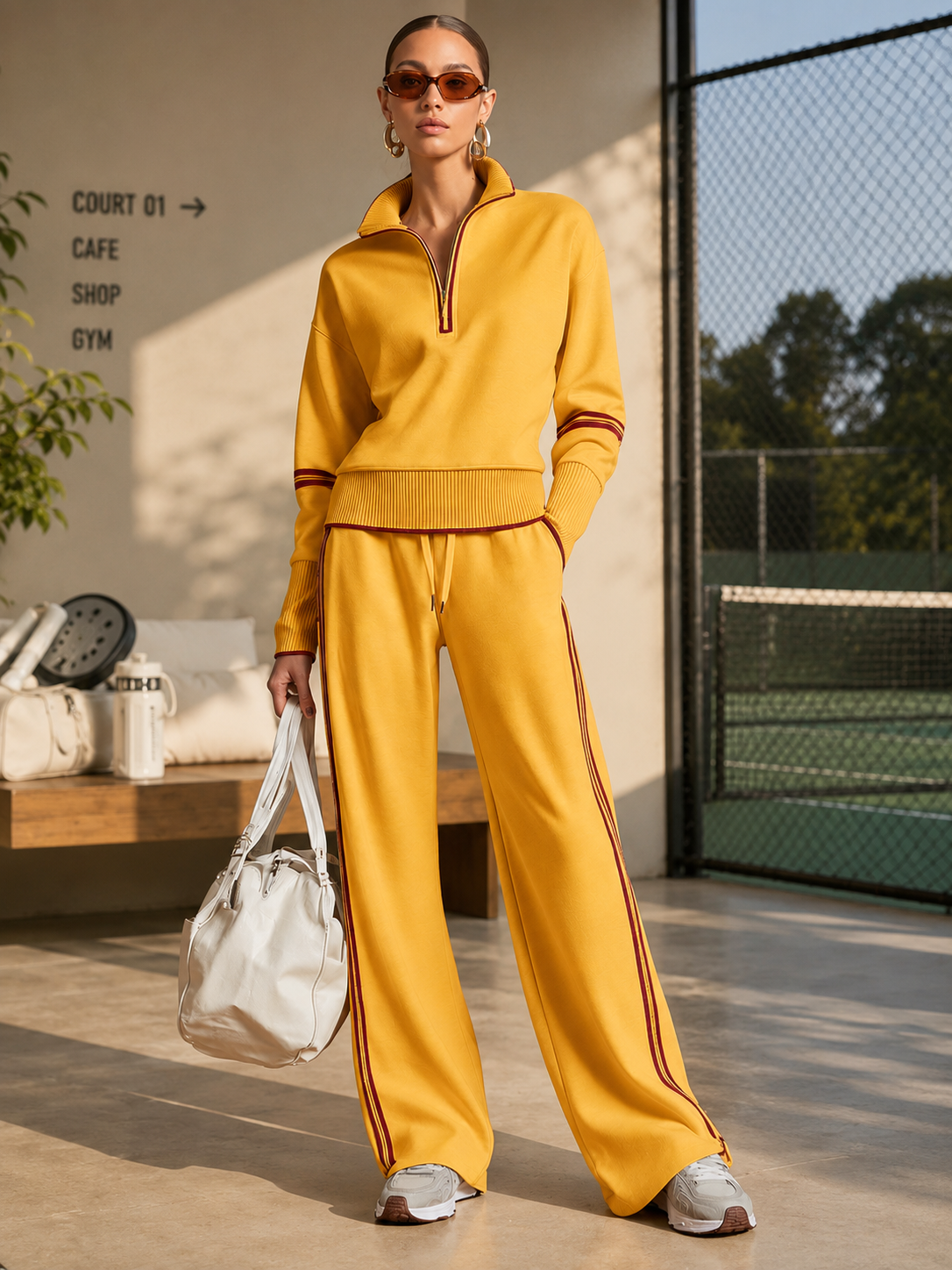 Retro Sporty Webbing Grey-white Half-zip Sweatshirt And Wide-leg Pants Set