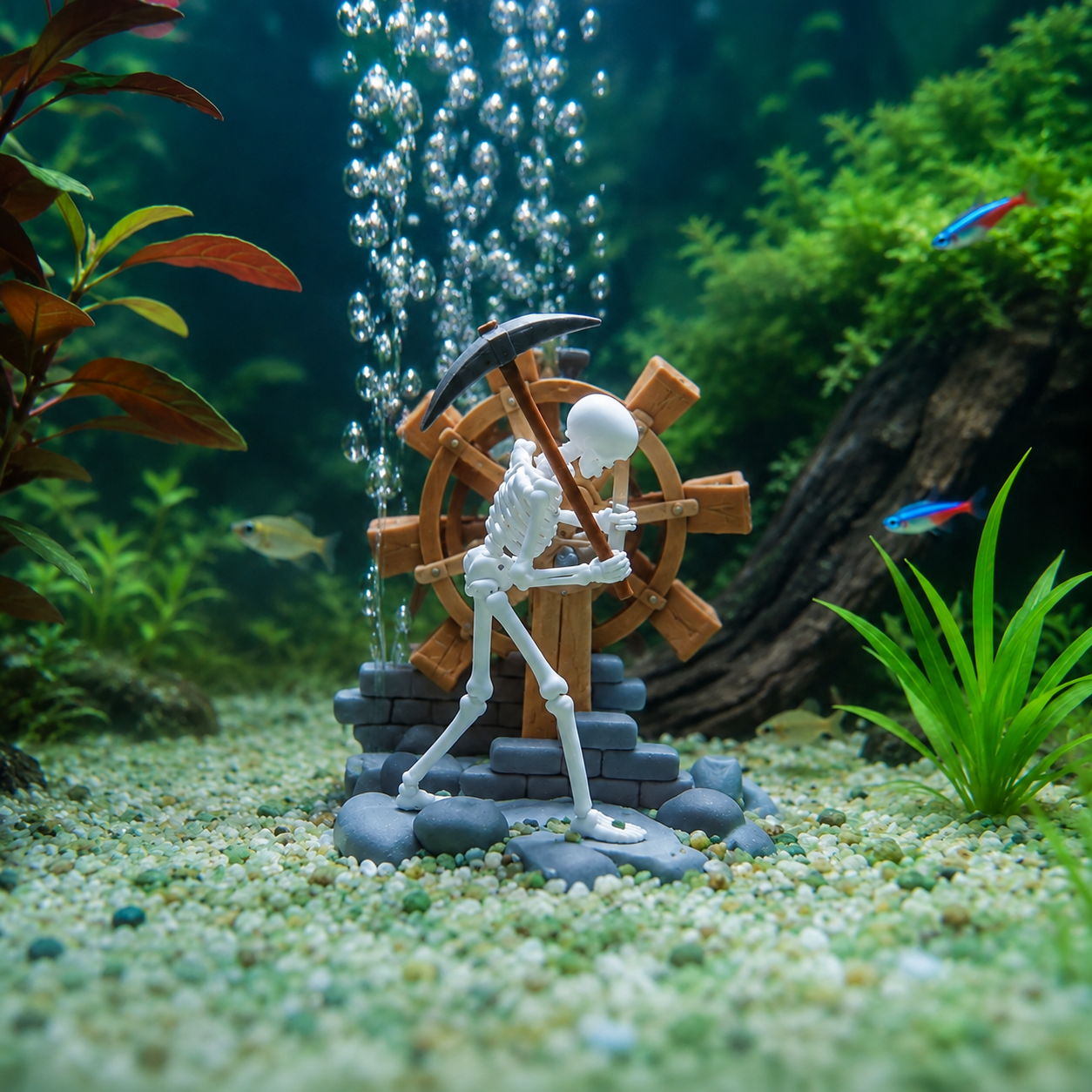 Animated Skeleton Waterwheel Aquarium Ornament with Bubble Aeration