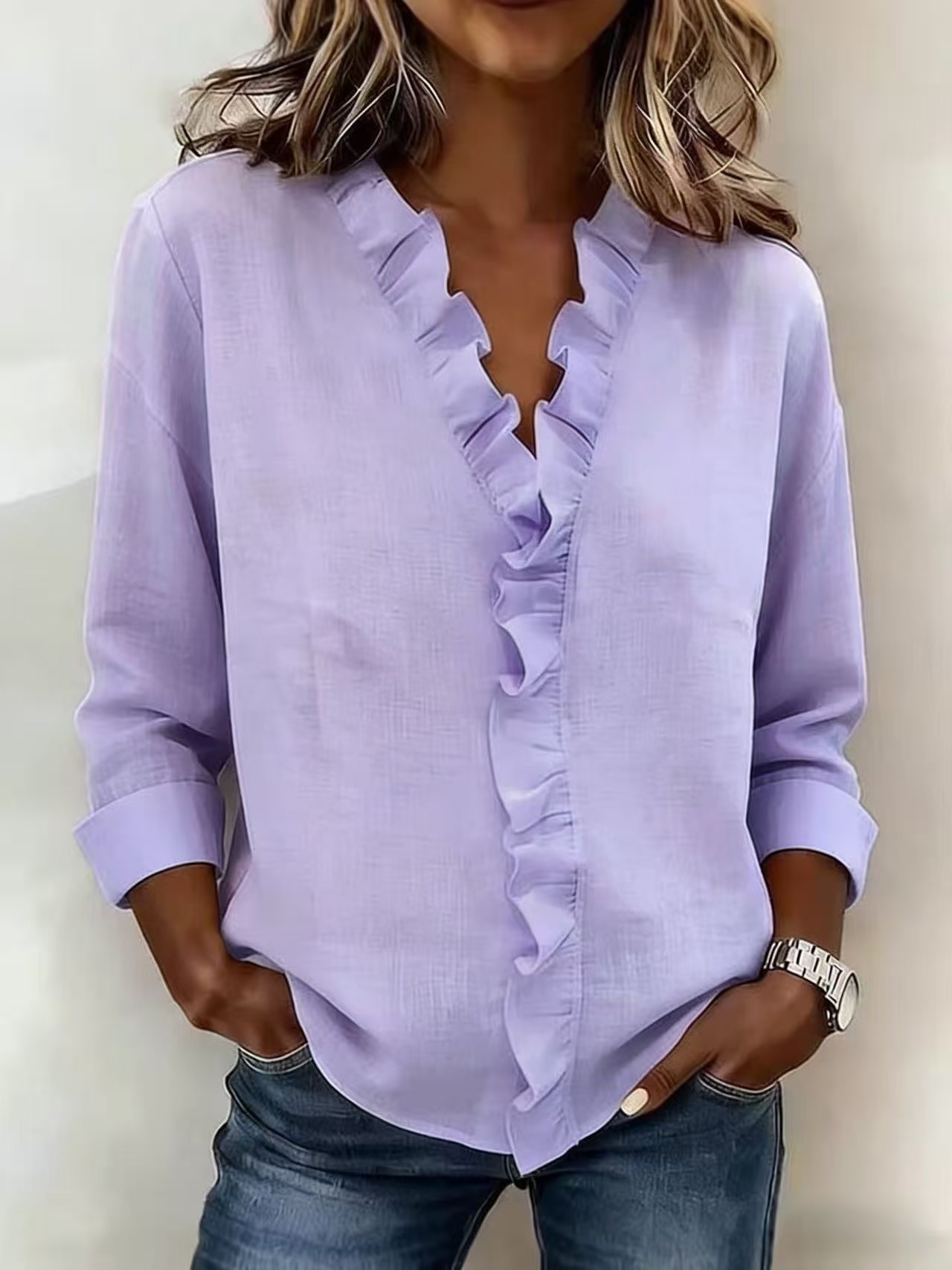 Blouse with Ruffles, V-Neck and Long Sleeves