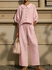 🎁New Arrivals 50% OFF🔥Stylish Peter Pan Collar Shirt And Wide-leg Pant Linen Two-piece Set
