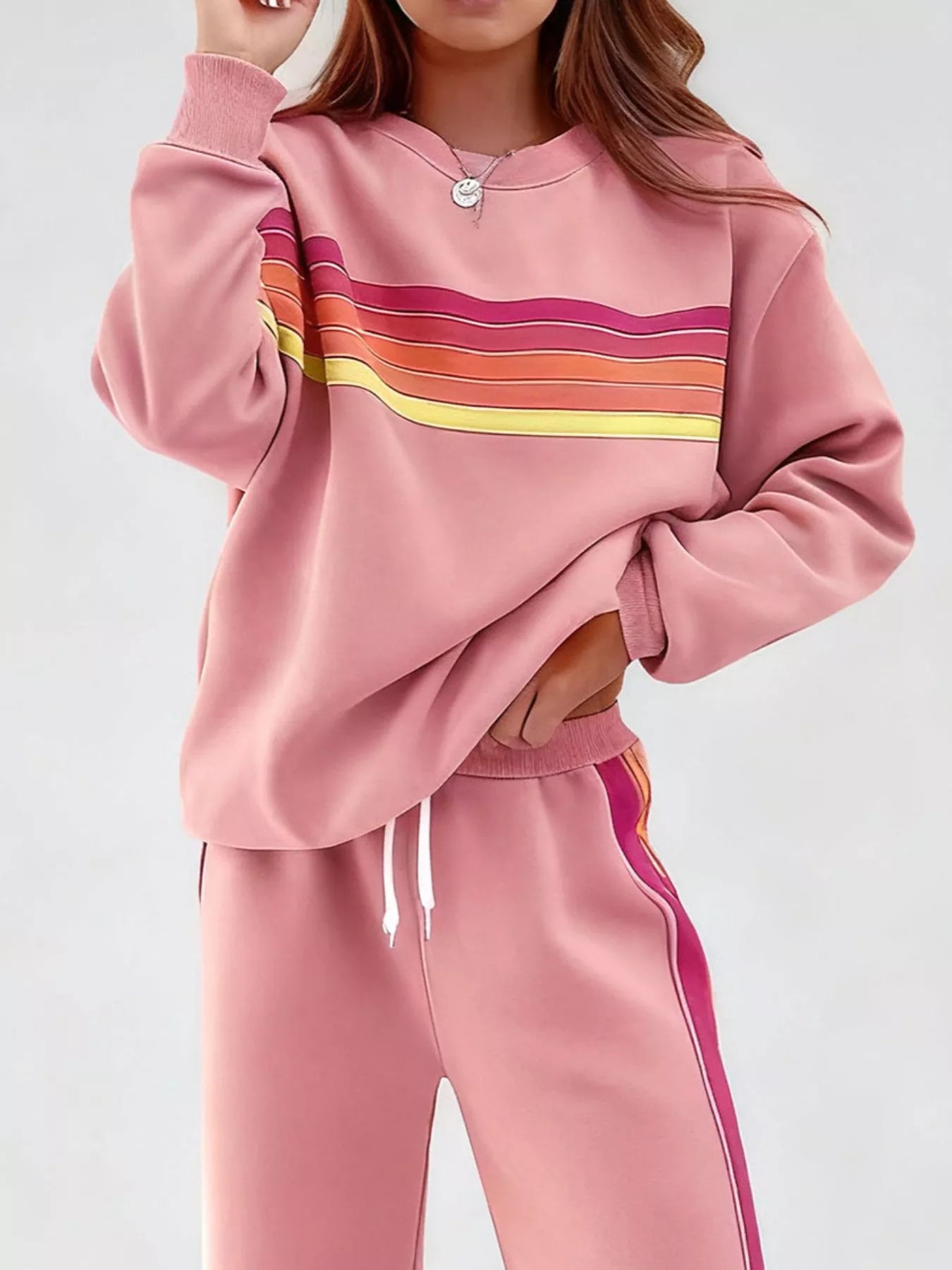 Blueberi B Striped Round Neck Sweatshirt and Pants Set - Cotton Blend - Available in S-2XL