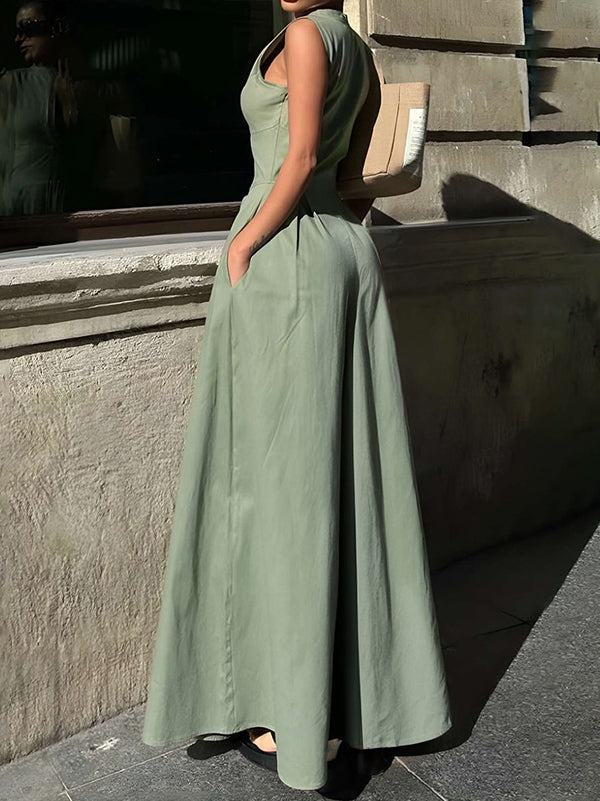 High Waisted Loose Pockets Solid Color Zipper V-Neck Jumpsuits