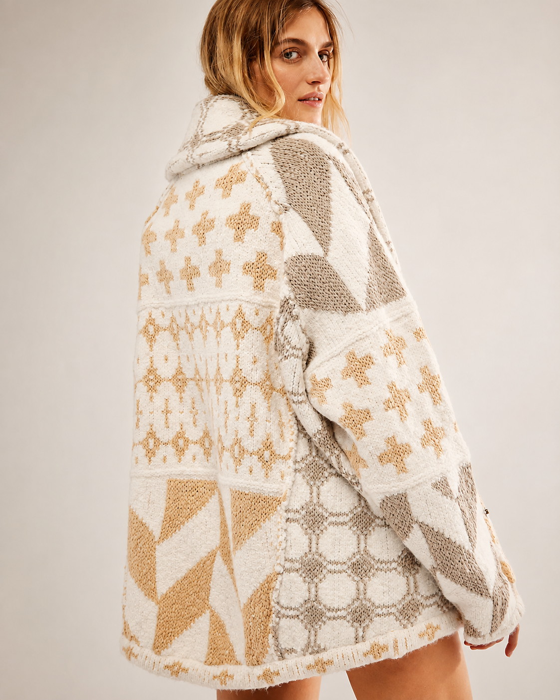 Oversized Graphic Button-Down Knit Cardigan