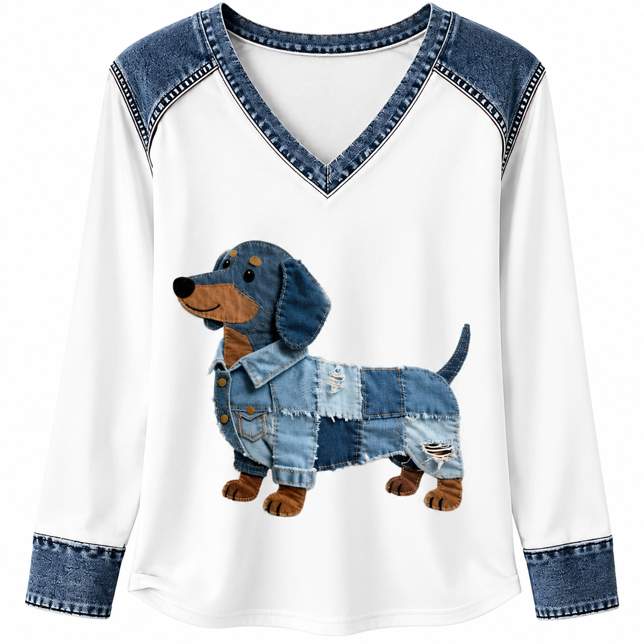 Women's Denim Patchwork Art Dachshund Dog Pattern V-neck Long Sleeve T-Shirt(These are all animals that Lily has helped❤️Buy 2 Get 10% OFF & Free Shipping🔥)
