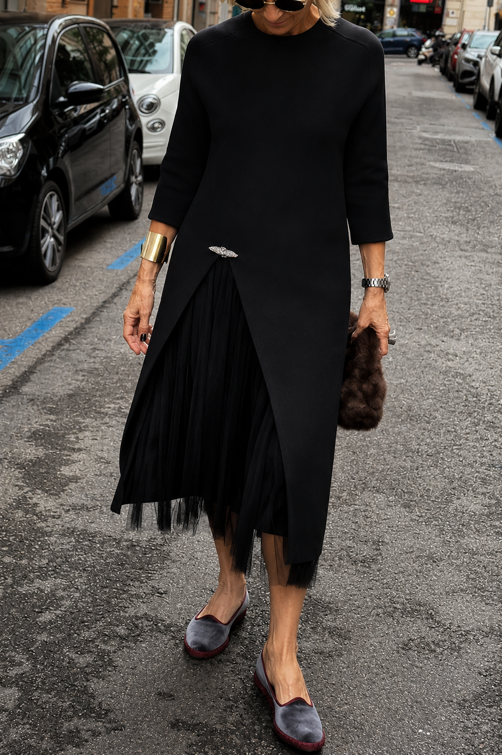 Jollie Knit Long Sleeve Front Slit Midi Sweater and Pleated Tulle Stretch Tank Midi Dress Two-piece