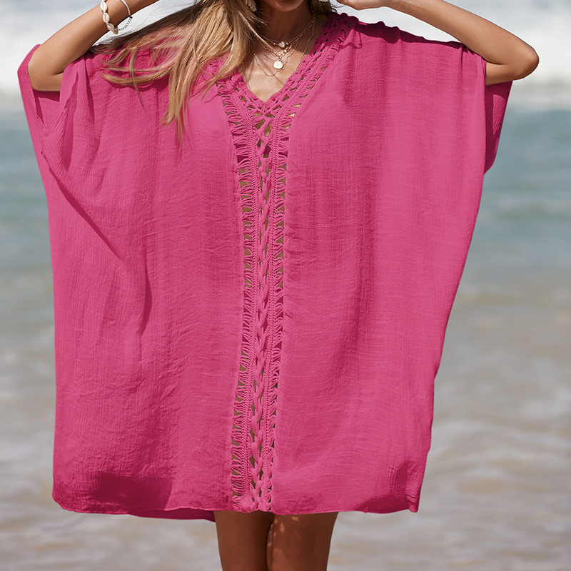 Hand-Crocheted Patchwork V-Neck Solid-Color Loose-Fit Breathable Sun-Protection Mid-Length Beach Cover-up