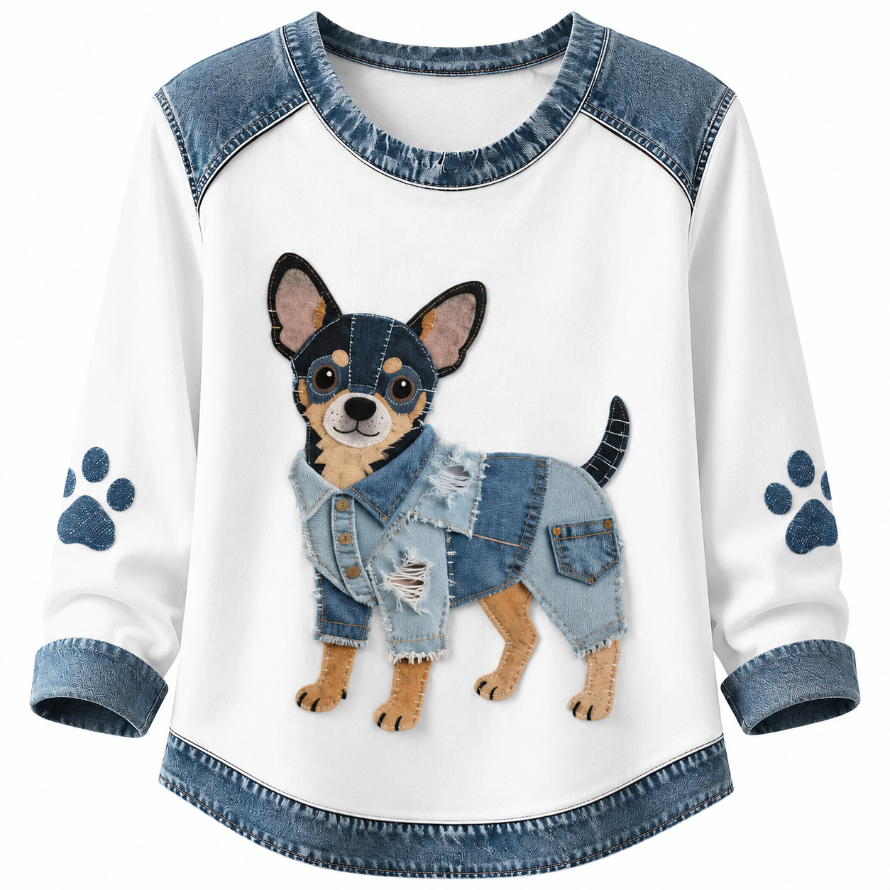Women's Denim Patchwork Art Dachshund Dog Pattern V-neck Long Sleeve T-Shirt(These are all animals that Lily has helped❤️Buy 2 Get 10% OFF & Free Shipping🔥)
