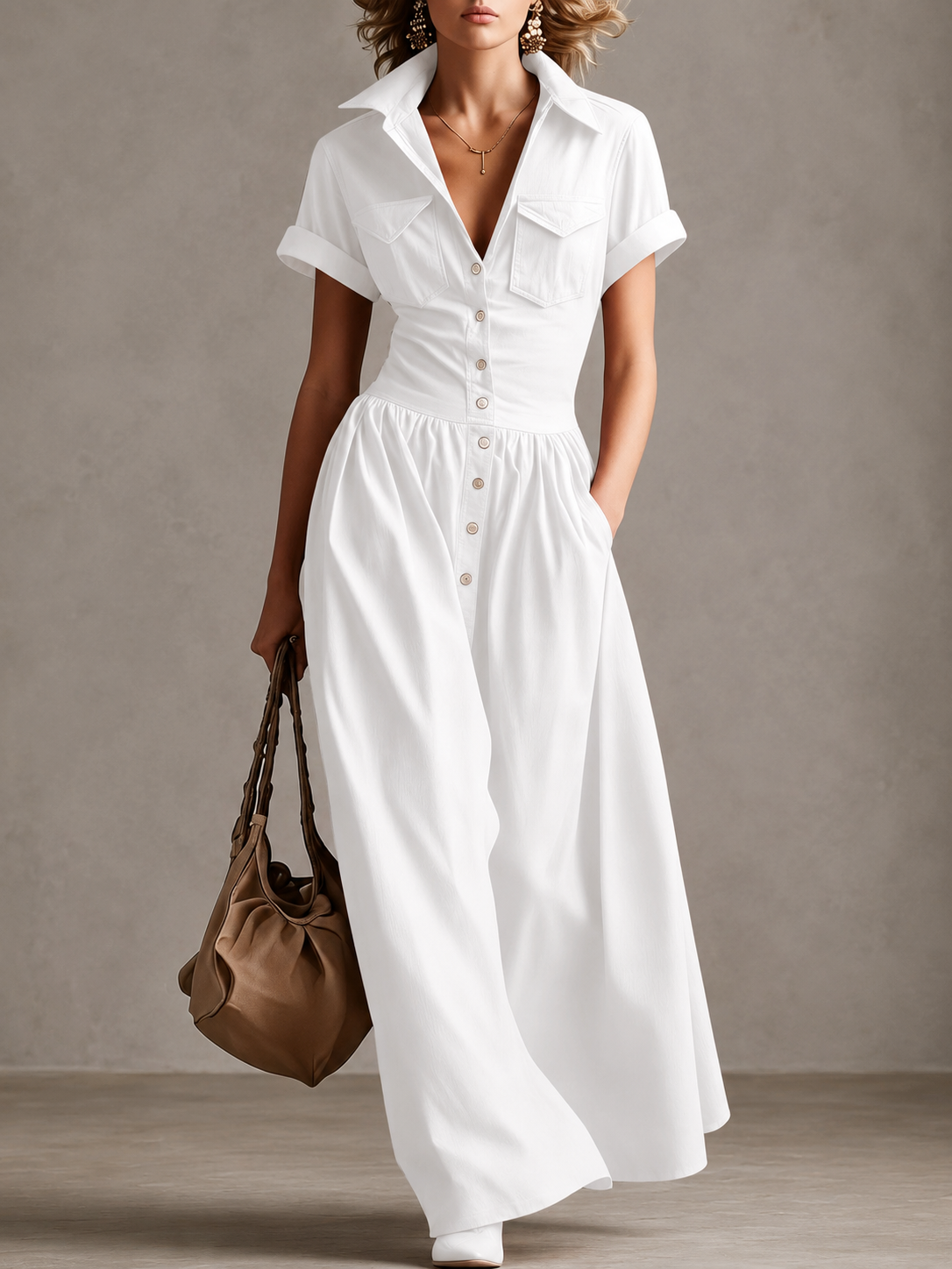 Women’s Woven Button-Down Collared Maxi Dress