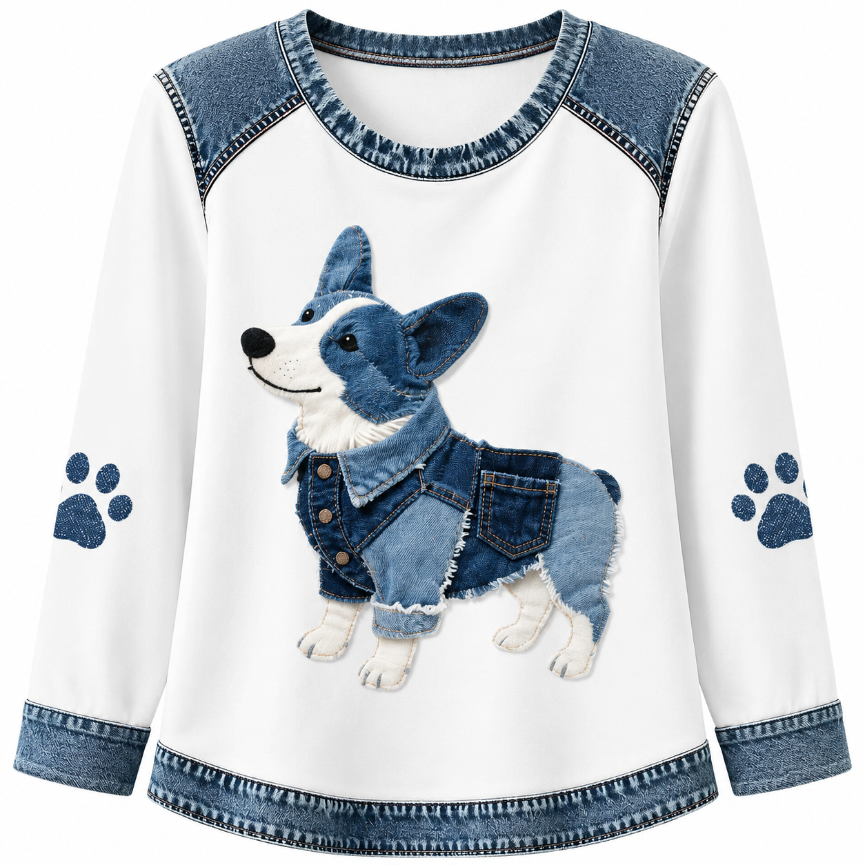 Women's Denim Patchwork Art Dachshund Dog Pattern V-neck Long Sleeve T-Shirt(These are all animals that Lily has helped❤️Buy 2 Get 10% OFF & Free Shipping🔥)