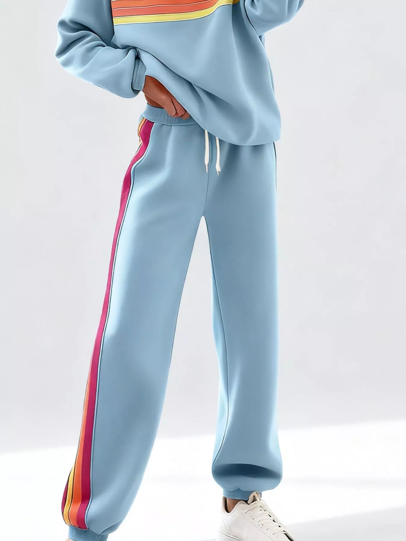 Blueberi B Striped Round Neck Sweatshirt and Pants Set - Cotton Blend - Available in S-2XL