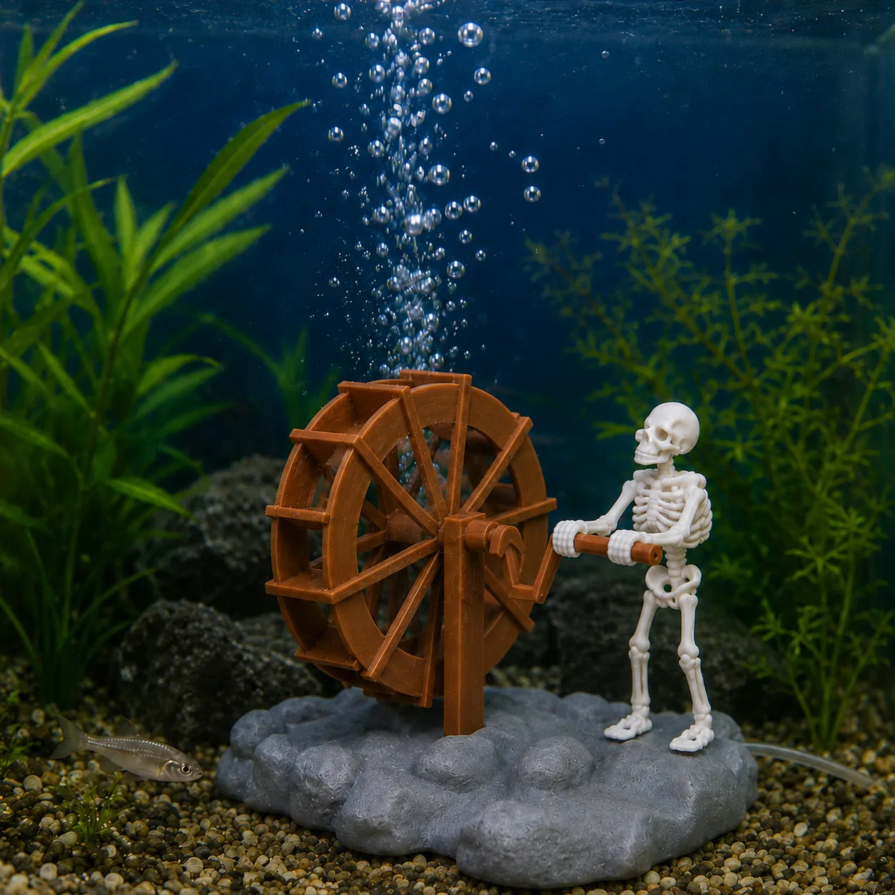 Animated Skeleton Waterwheel Aquarium Ornament with Bubble Aeration