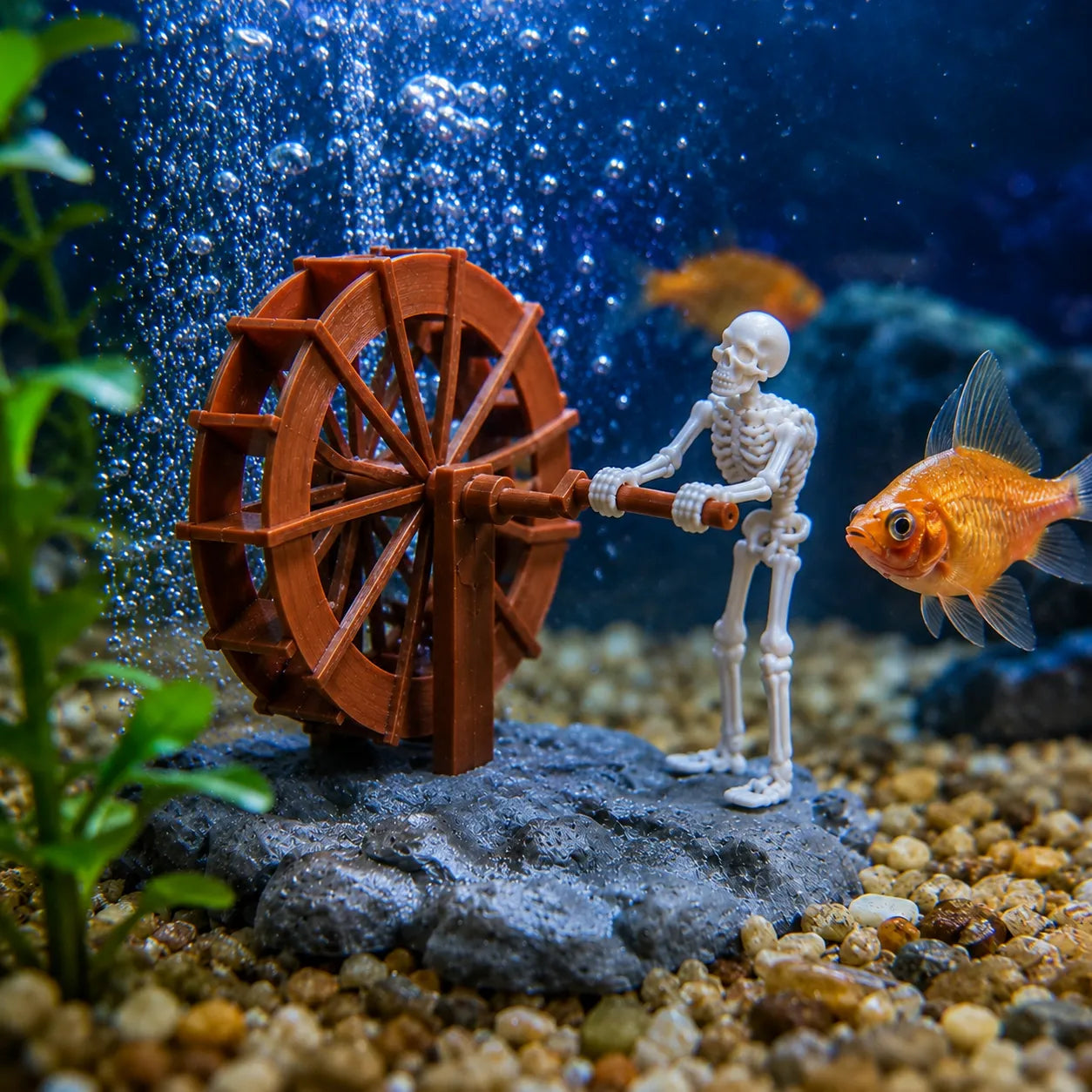 Animated Skeleton Waterwheel Aquarium Ornament with Bubble Aeration