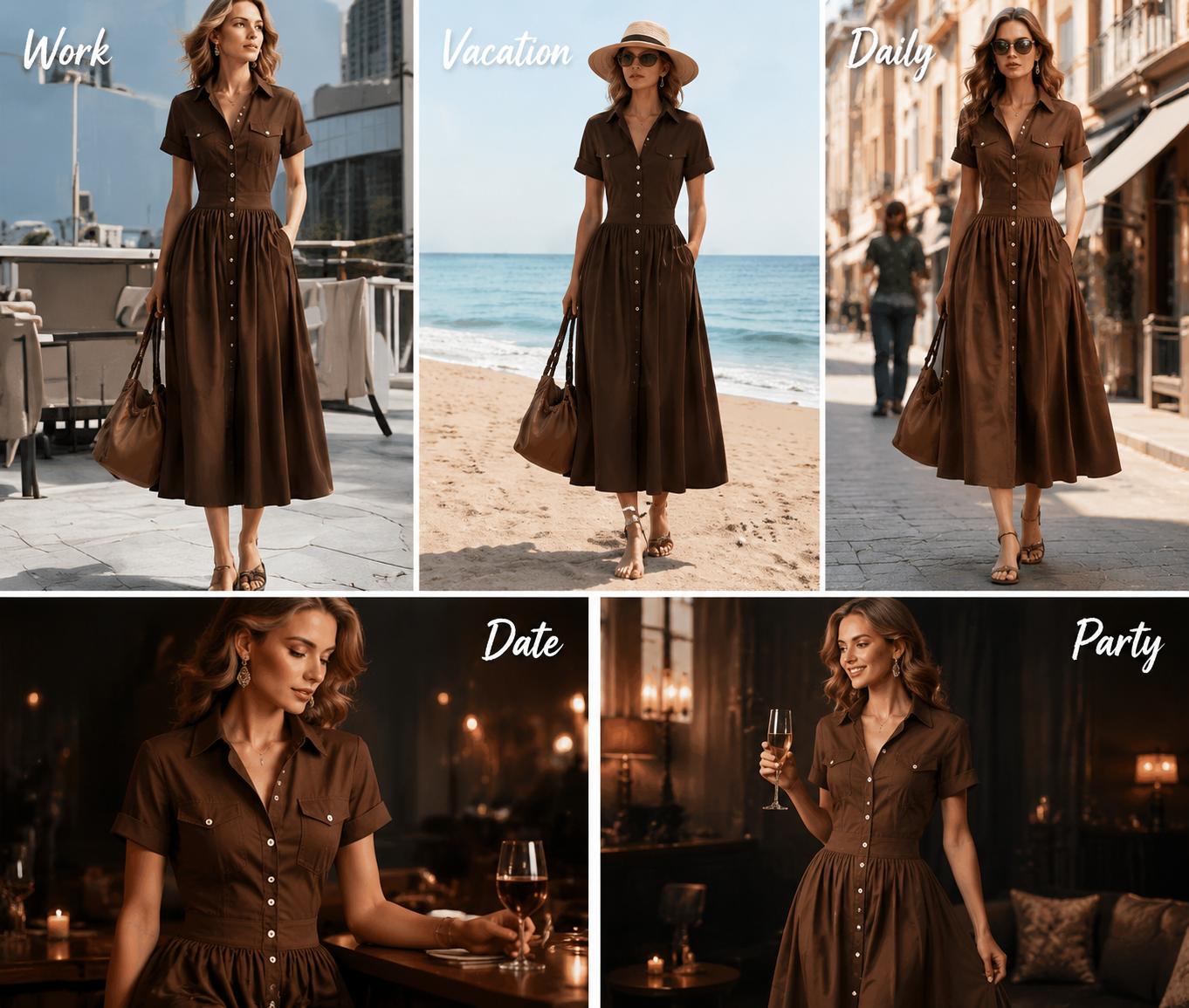 Brown maxi dress styled for work, travel, daily wear and special occasions