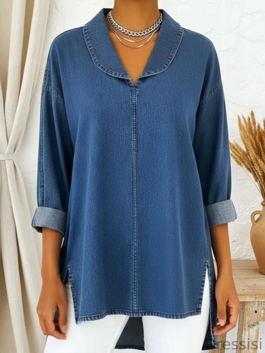 Retro Shawl Collar Denim Cotton Top