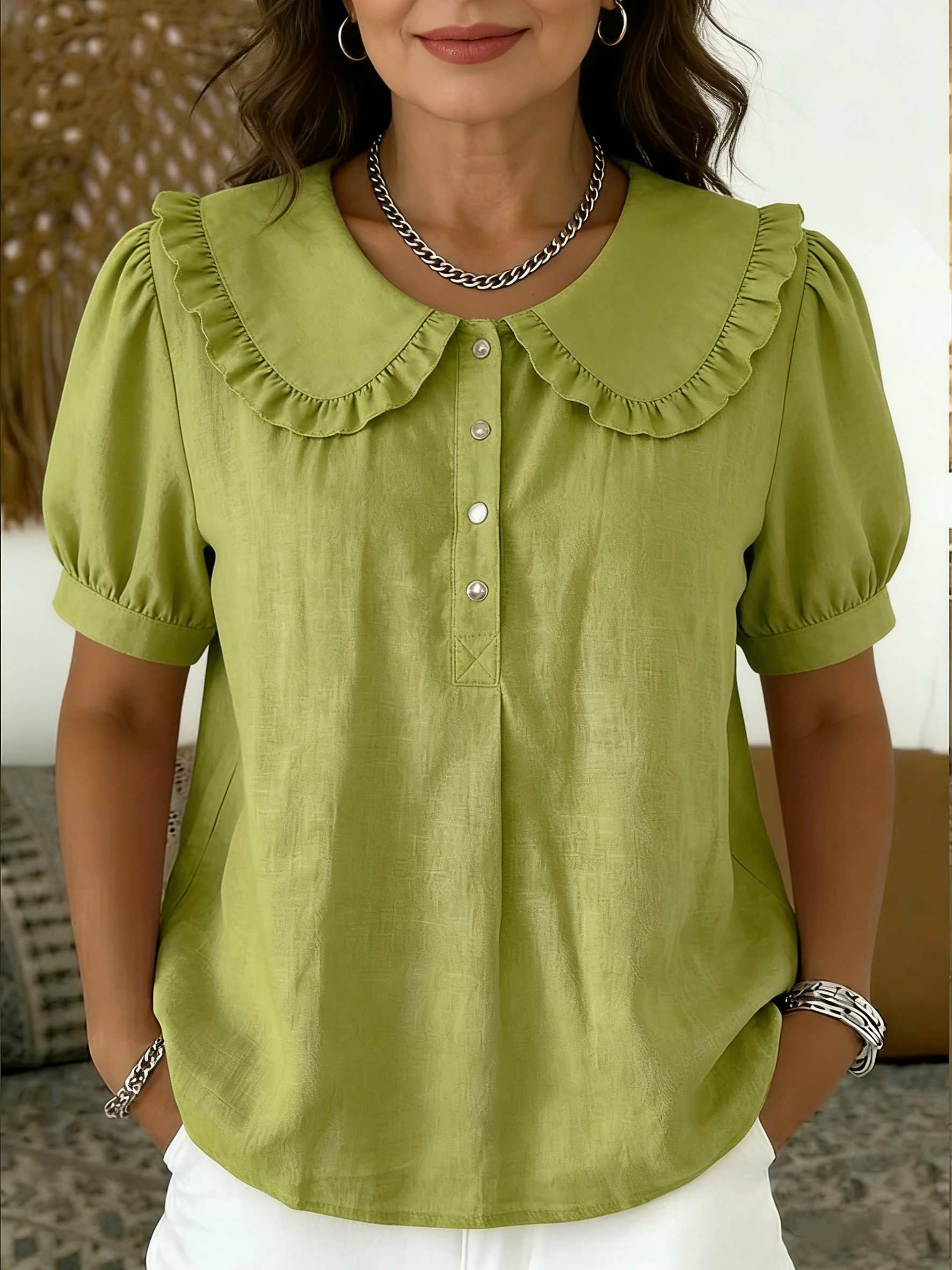 NEW🔥 Casual Peter Pan collar cotton-linen blend polo shirt
