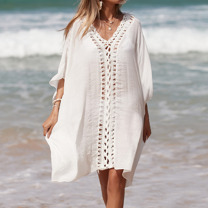 Hand-Crocheted Patchwork V-Neck Solid-Color Loose-Fit Breathable Sun-Protection Mid-Length Beach Cover-up