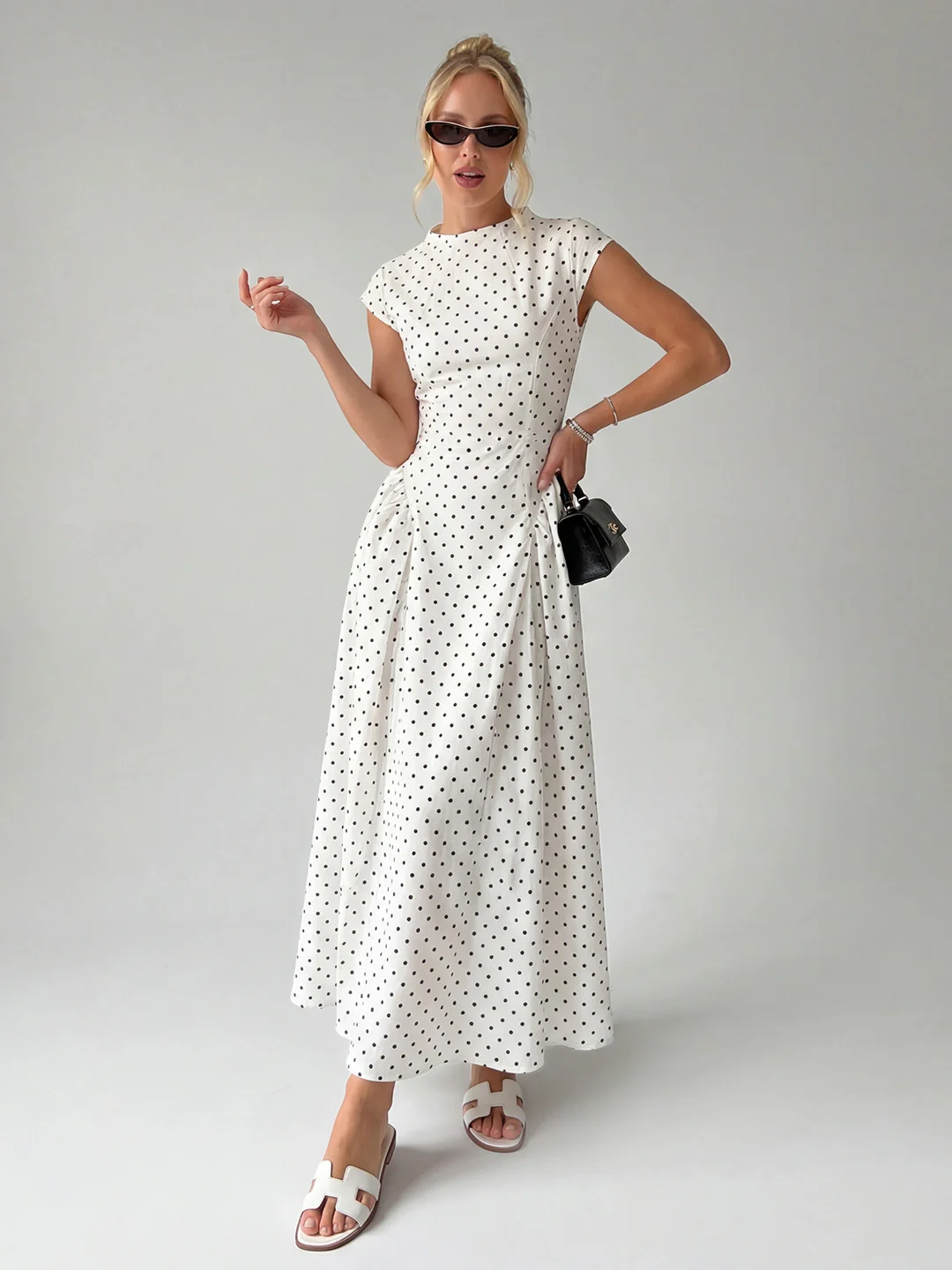Retro polka dot pleated midi dress
