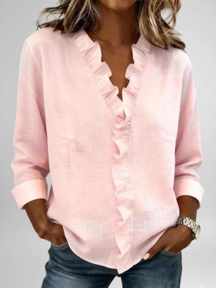 Camisa informal Blouse with Ruffles, V-Neck and Long Sleeves