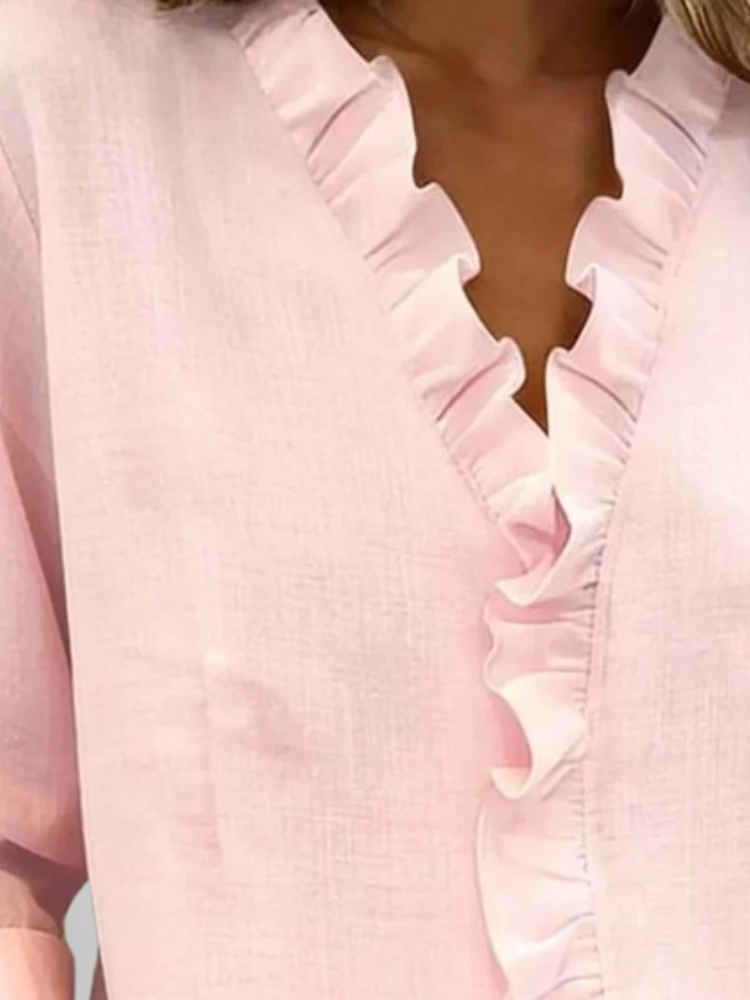 Camisa informal Blouse with Ruffles, V-Neck and Long Sleeves