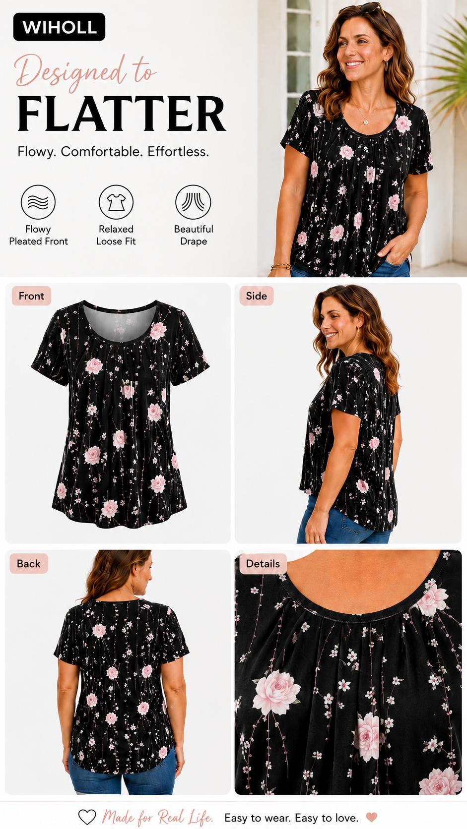 WIHOLL Women T Shirts Pleated Short Sleeve Tops Business Casual Dressy Blouses Crewneck Boho