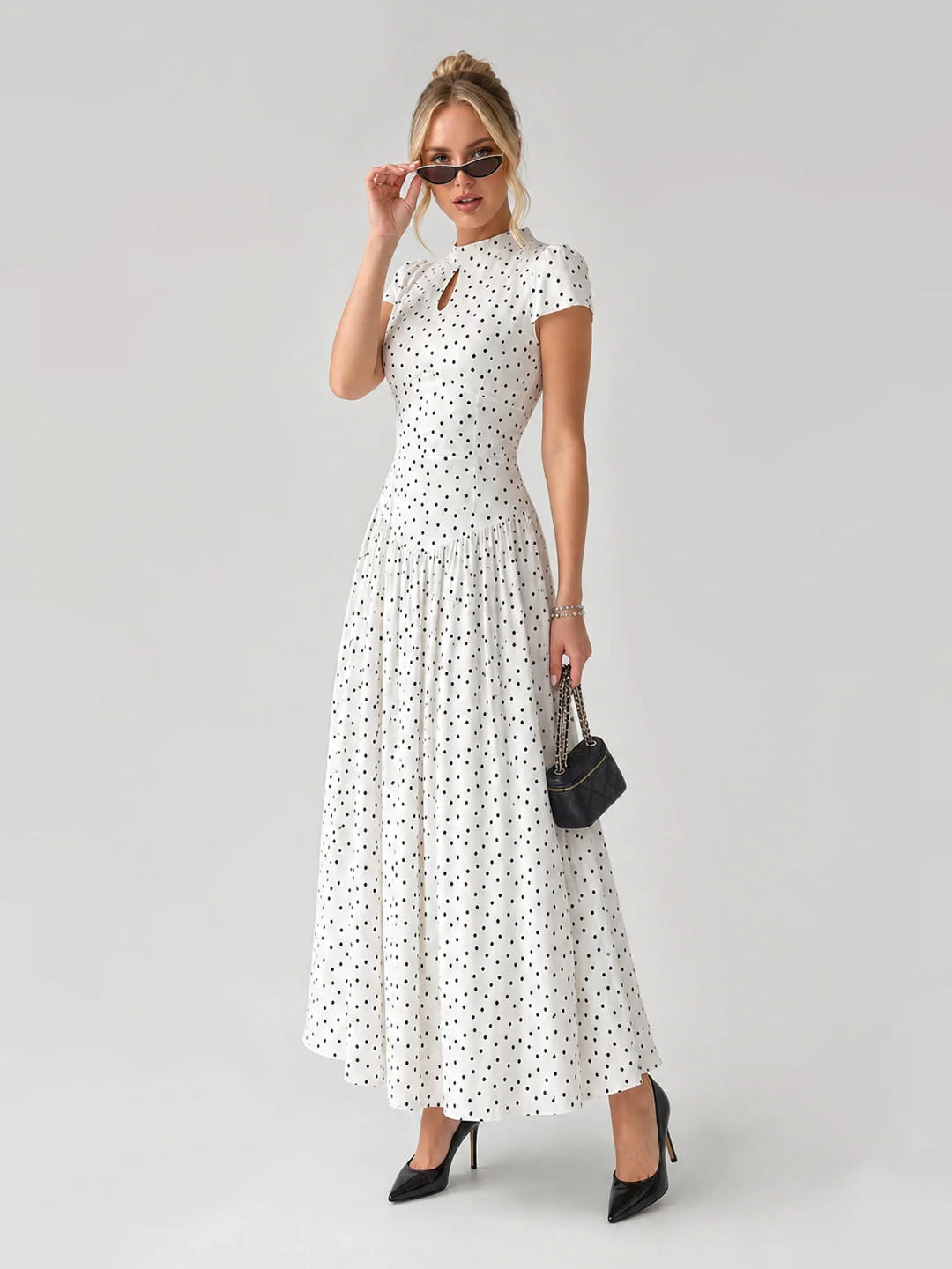 Retro polka dot pleated midi dress