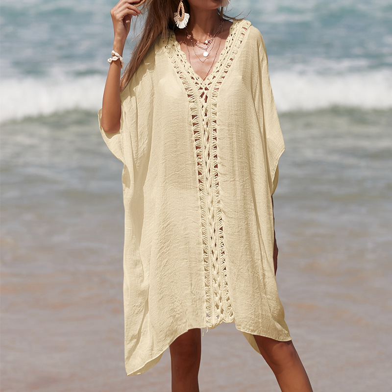 Hand-Crocheted Patchwork V-Neck Solid-Color Loose-Fit Breathable Sun-Protection Mid-Length Beach Cover-up
