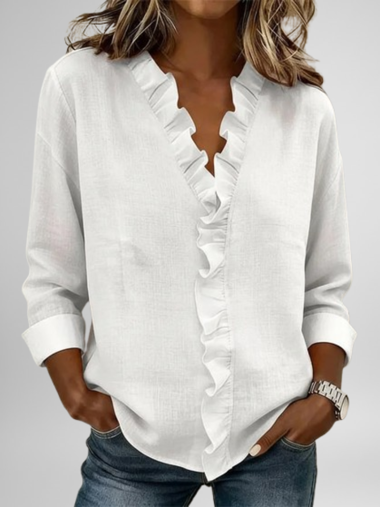 Camisa informal Blouse with Ruffles, V-Neck and Long Sleeves