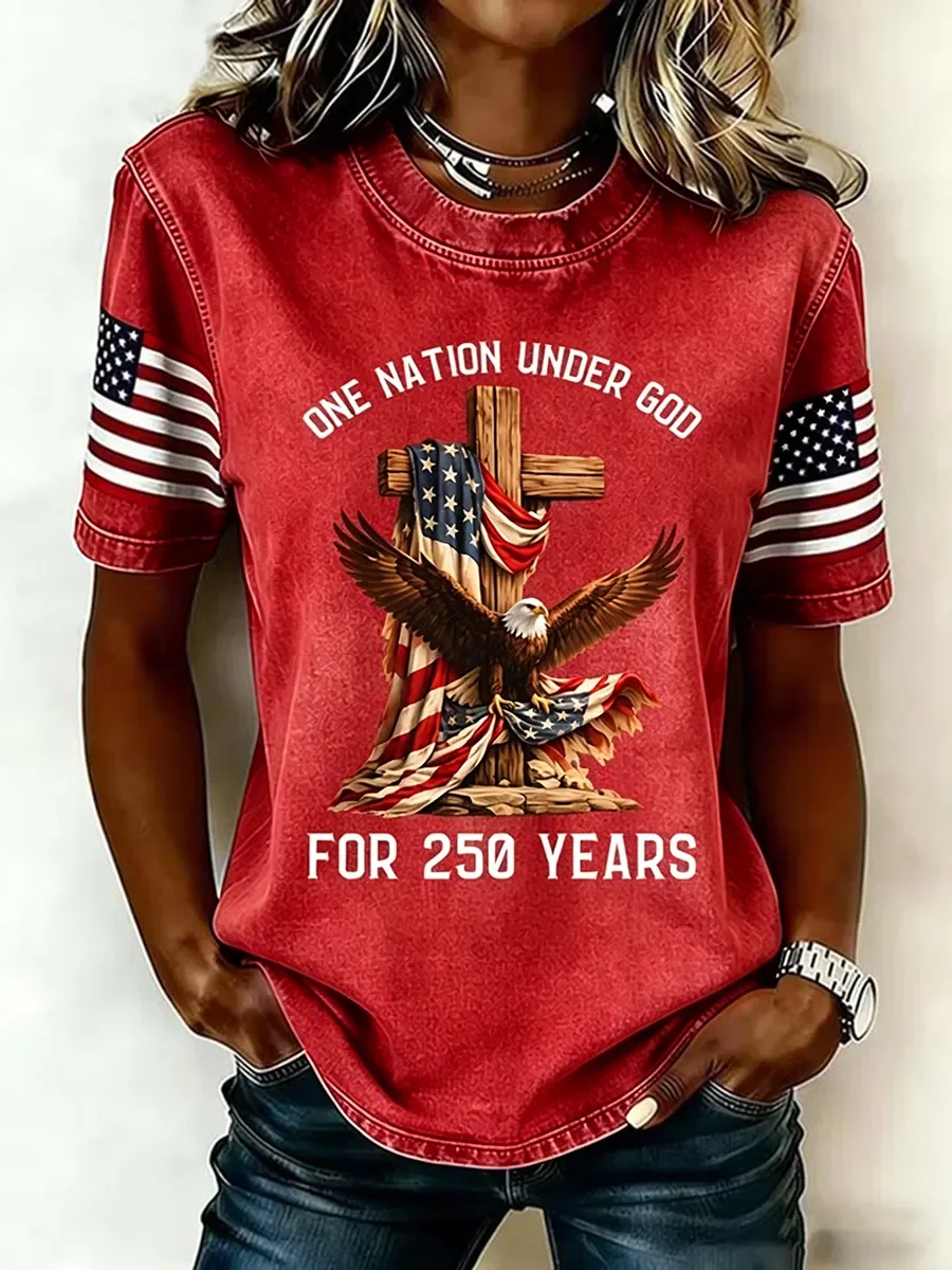 Women Independence Day (Flag) Short Sleeve Tee 4th of July Patriotic Shirt Crew Neck Printing Casual Graphic Tee Summer Top