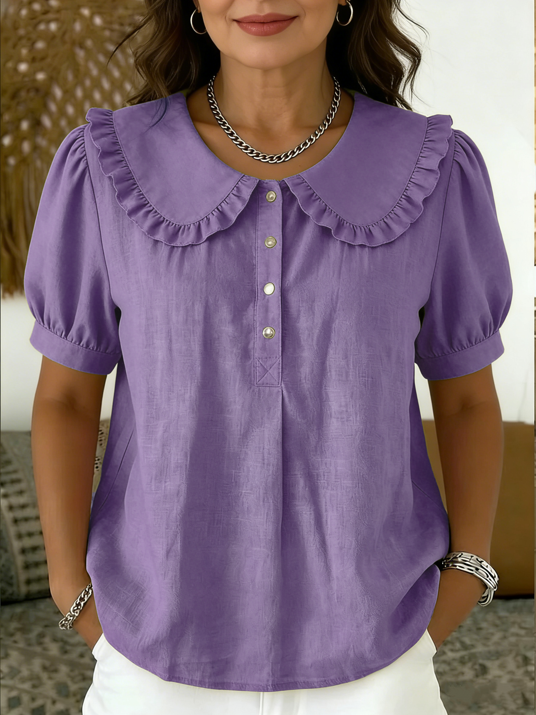 NEW🔥 Casual Peter Pan collar cotton-linen blend polo shirt
