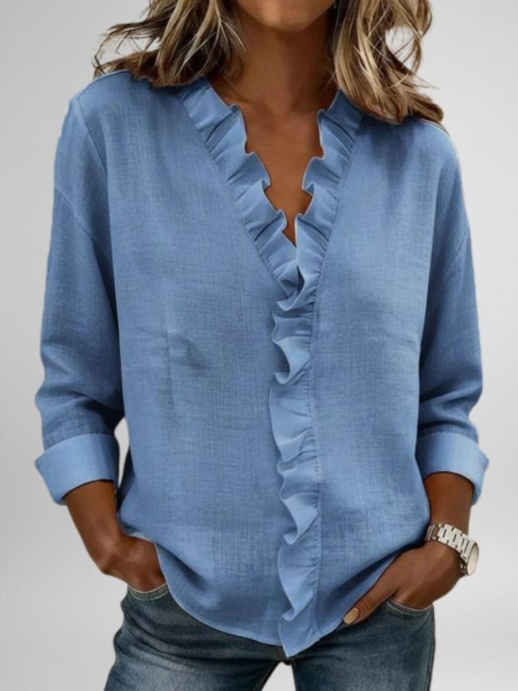 Camisa informal Blouse with Ruffles, V-Neck and Long Sleeves