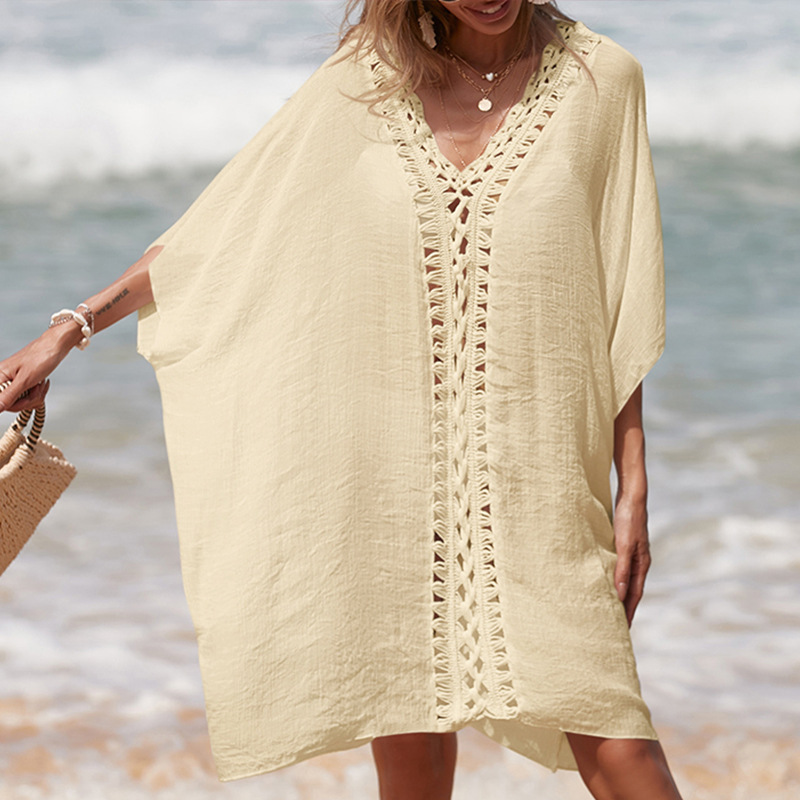 Hand-Crocheted Patchwork V-Neck Solid-Color Loose-Fit Breathable Sun-Protection Mid-Length Beach Cover-up