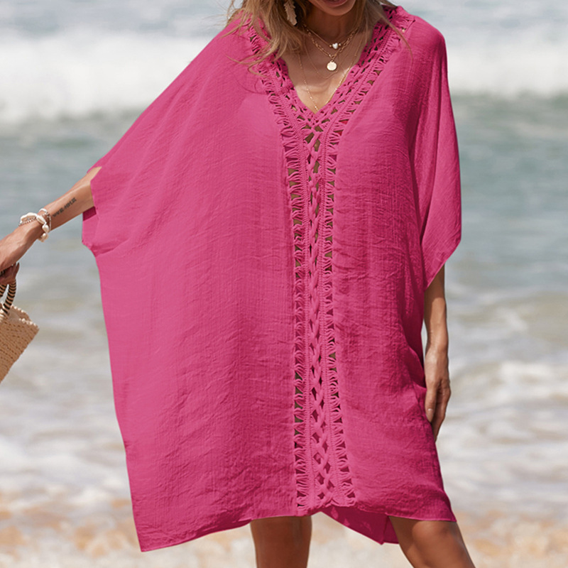 Hand-Crocheted Patchwork V-Neck Solid-Color Loose-Fit Breathable Sun-Protection Mid-Length Beach Cover-up