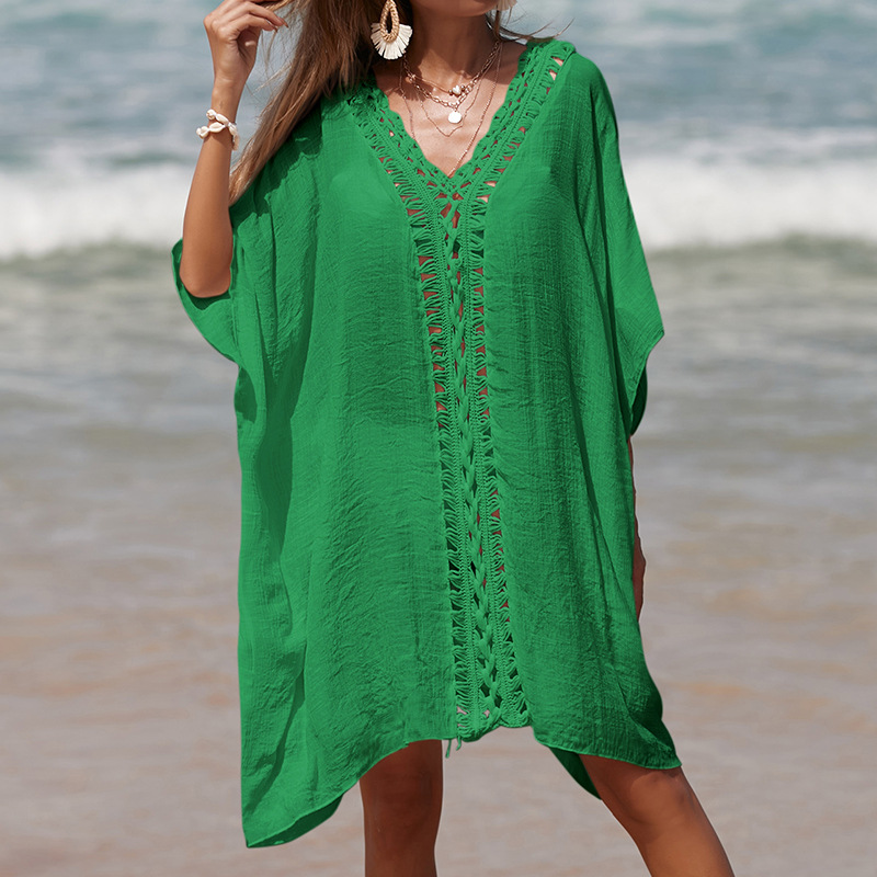 Hand-Crocheted Patchwork V-Neck Solid-Color Loose-Fit Breathable Sun-Protection Mid-Length Beach Cover-up