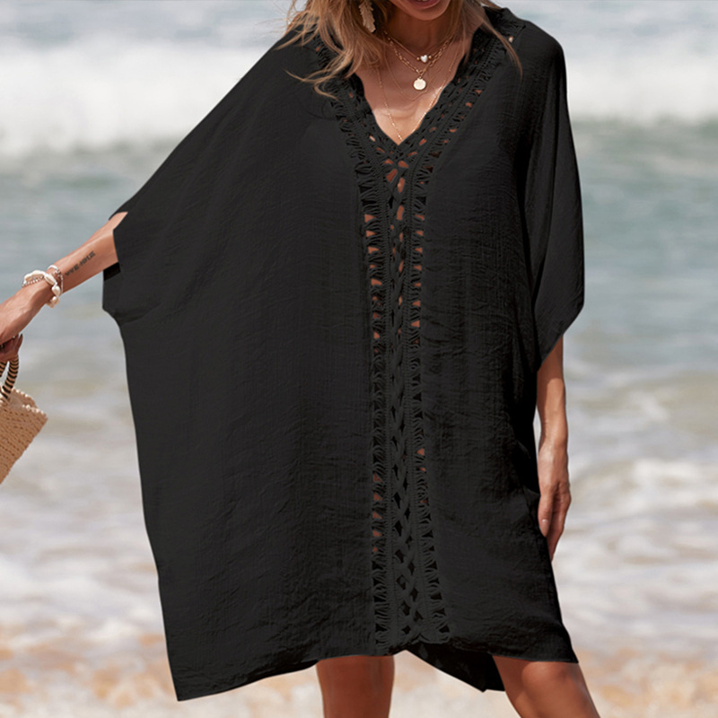 Hand-Crocheted Patchwork V-Neck Solid-Color Loose-Fit Breathable Sun-Protection Mid-Length Beach Cover-up