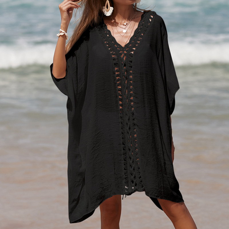 Hand-Crocheted Patchwork V-Neck Solid-Color Loose-Fit Breathable Sun-Protection Mid-Length Beach Cover-up