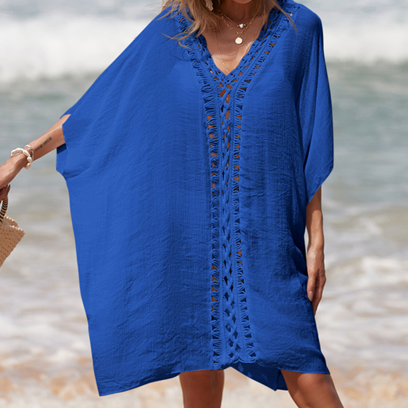 Hand-Crocheted Patchwork V-Neck Solid-Color Loose-Fit Breathable Sun-Protection Mid-Length Beach Cover-up