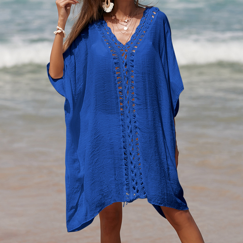 Hand-Crocheted Patchwork V-Neck Solid-Color Loose-Fit Breathable Sun-Protection Mid-Length Beach Cover-up