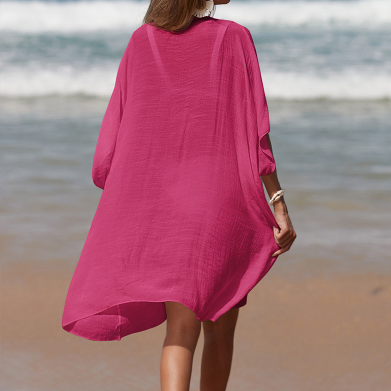 Hand-Crocheted Patchwork V-Neck Solid-Color Loose-Fit Breathable Sun-Protection Mid-Length Beach Cover-up