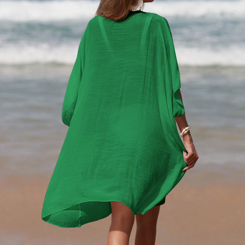 Hand-Crocheted Patchwork V-Neck Solid-Color Loose-Fit Breathable Sun-Protection Mid-Length Beach Cover-up