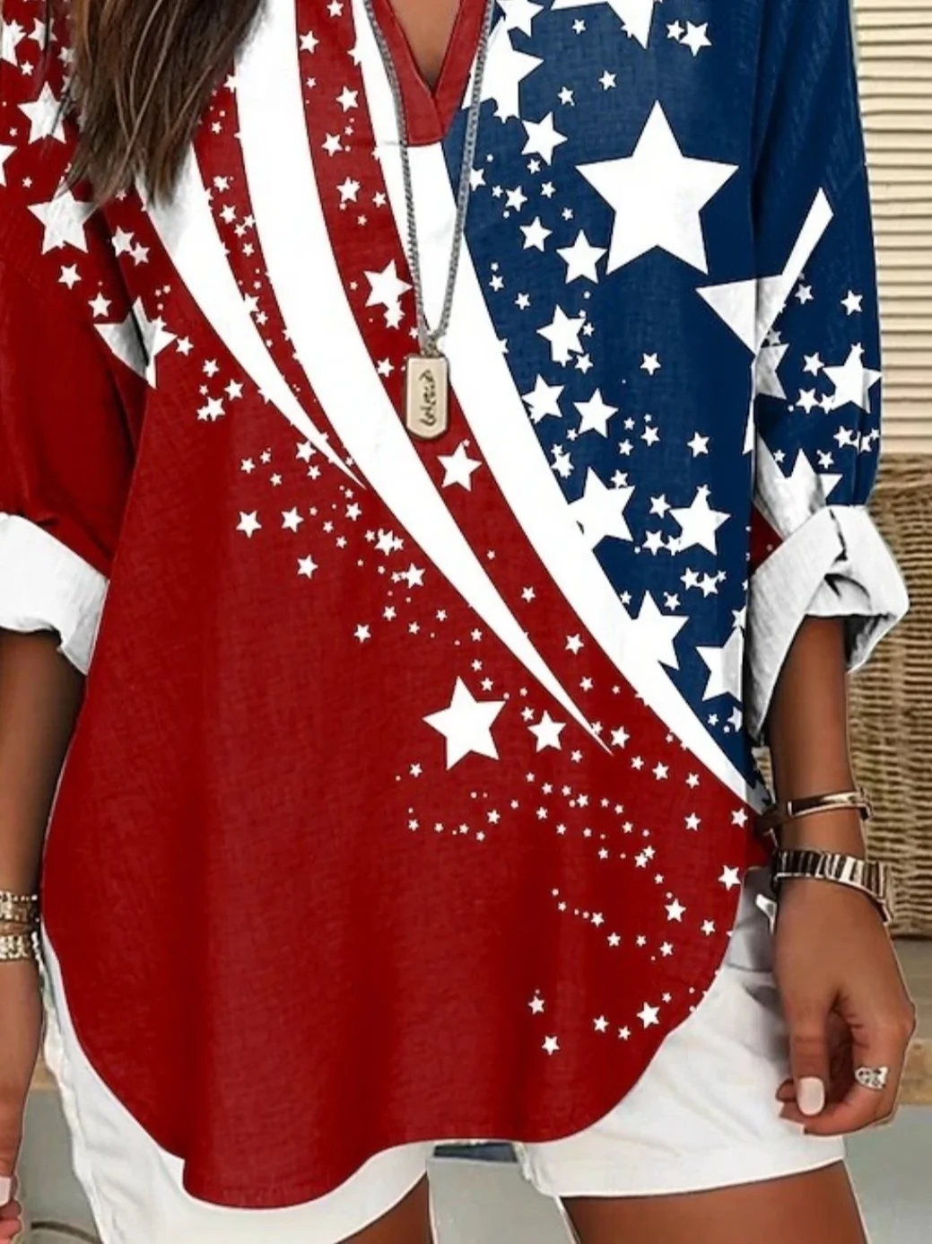 Women 4th of July Patriotic Shirt America Flag V Neck Long Sleeve Blouse Printed Casual Daily Spring/Fall Top
