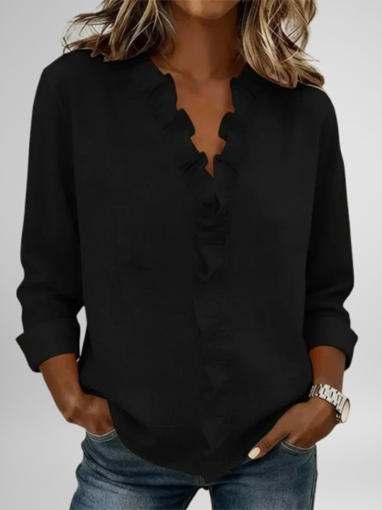Camisa informal Blouse with Ruffles, V-Neck and Long Sleeves