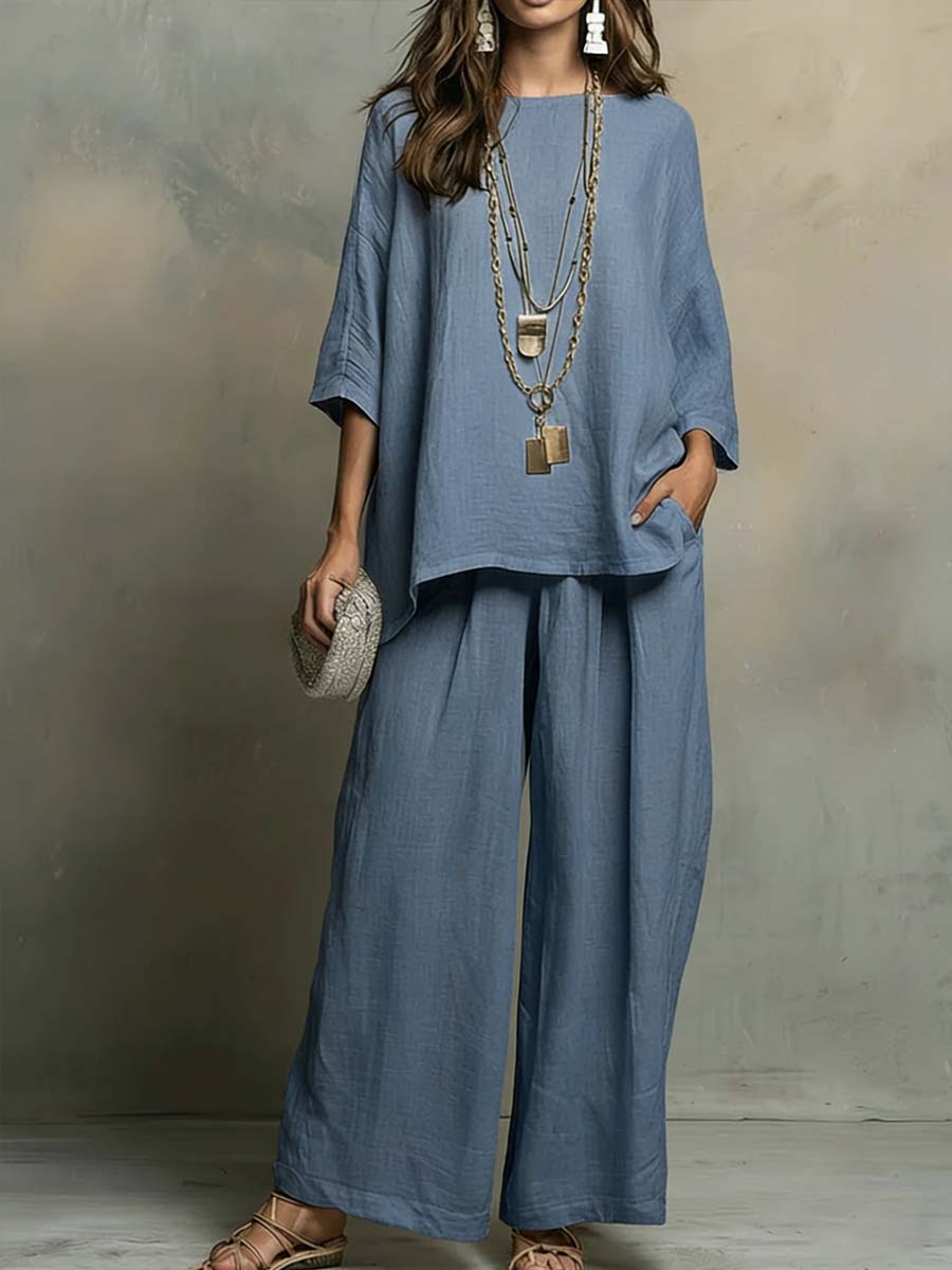 Cozy Cotton-linen Irregular Top And Wide-leg Pants Two-piece Set 