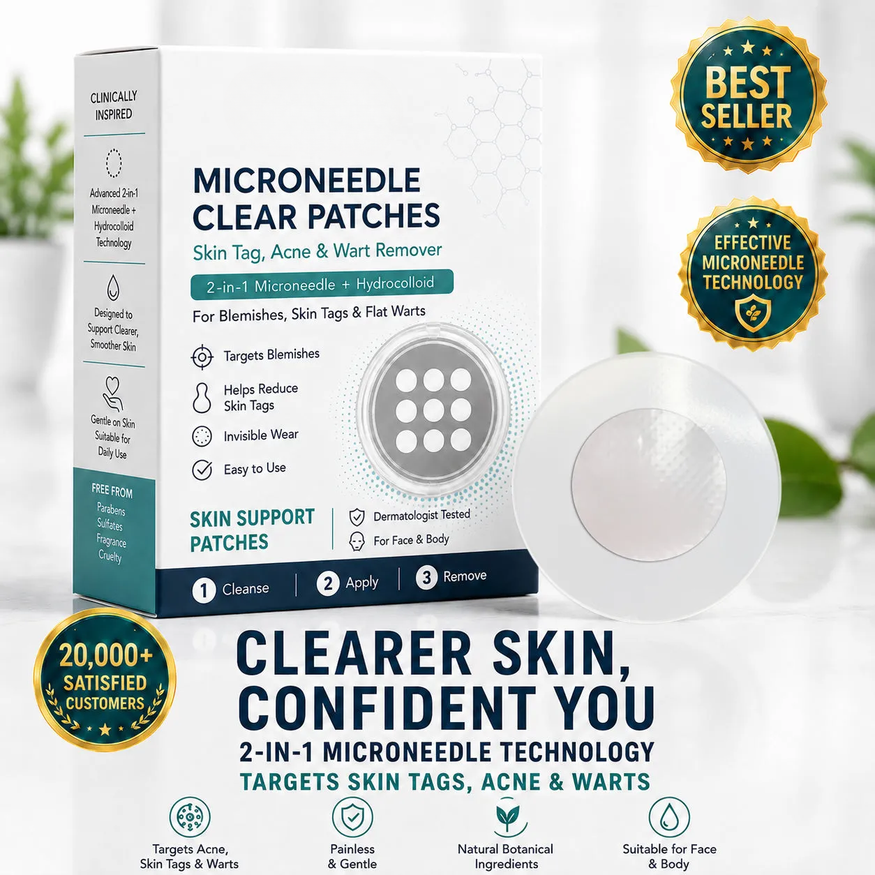 2-in-1 Microneedle & Hydrocolloid Patch🍀| Removes Raised Moles, Acne, Flat Warts & Skin Tags | Helps Improve Wrinkles, Scars & Blemishes | Invisible Patches for Face & Body