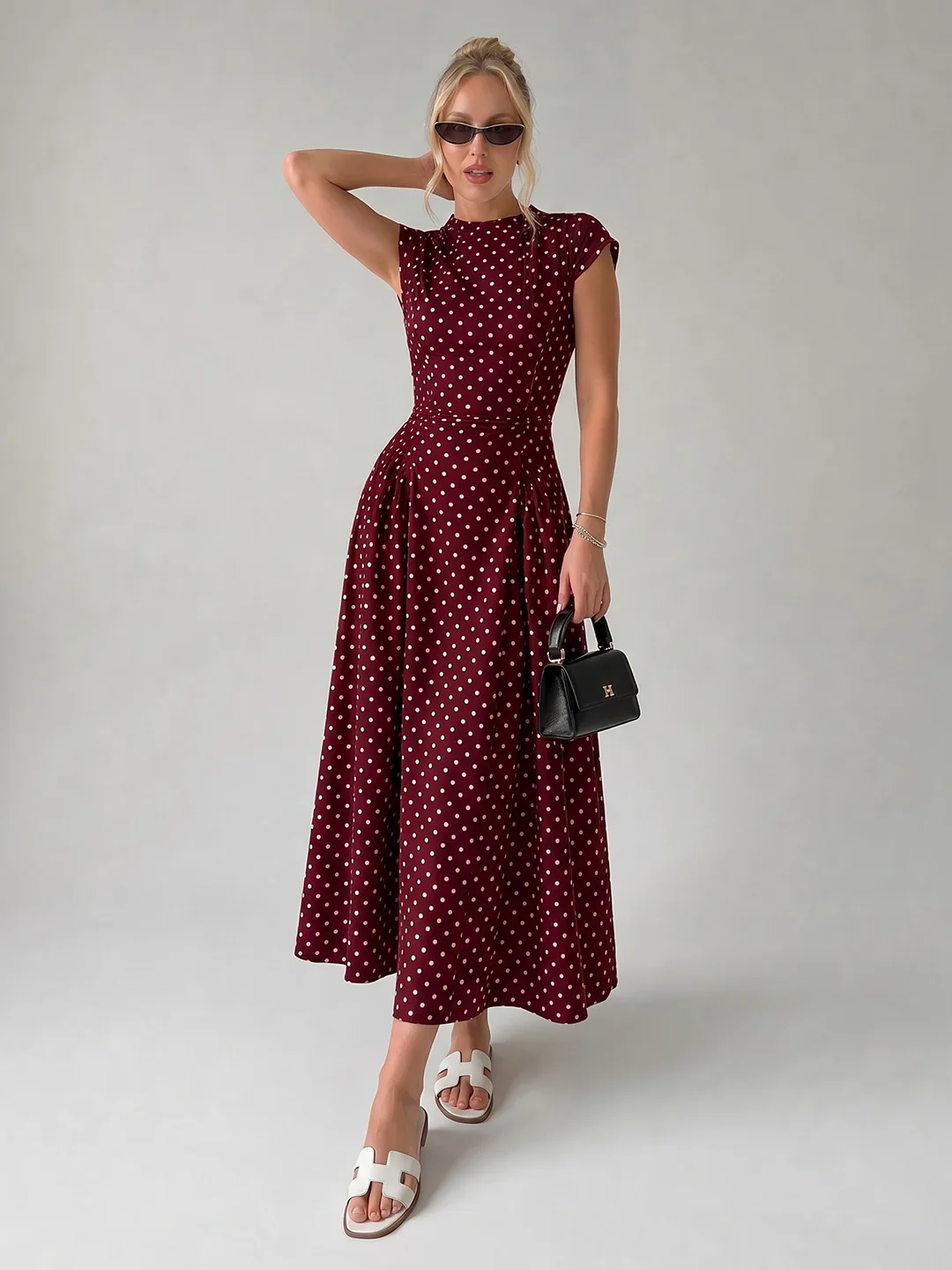 Retro polka dot pleated midi dress