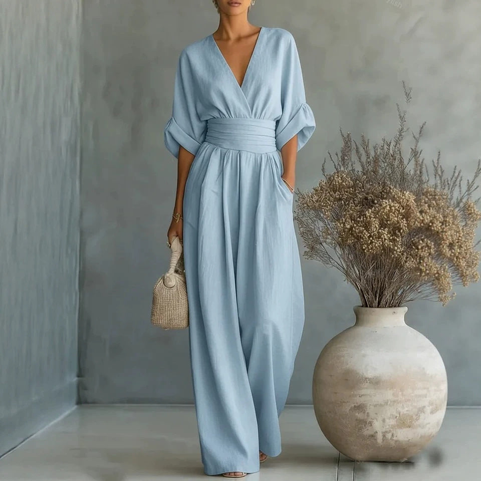 Waist-cinched V-neck Womens Jumpsuit