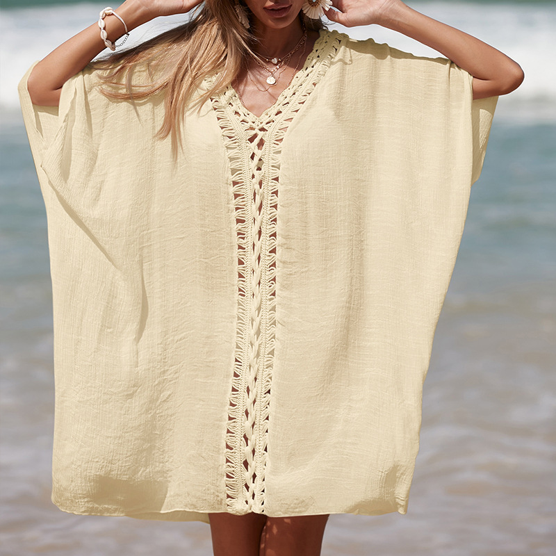 Hand-Crocheted Patchwork V-Neck Solid-Color Loose-Fit Breathable Sun-Protection Mid-Length Beach Cover-up