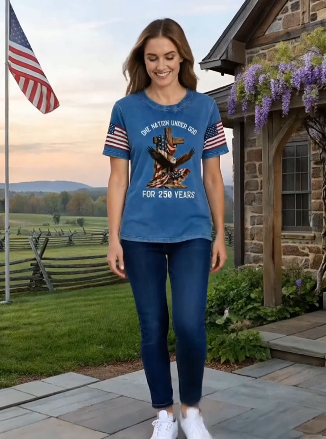 Women Independence Day (Flag) Short Sleeve Tee 4th of July Patriotic Shirt Crew Neck Printing Casual Graphic Tee Summer Top